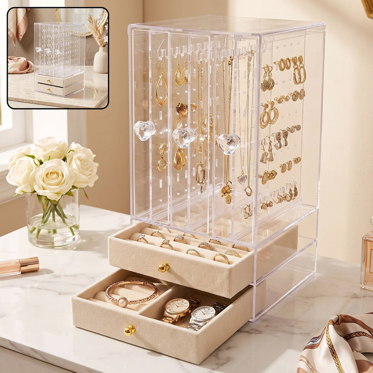 Acrylic jewelry organizer box with 3 hanging panels and 2 drawers for earrings (1 set) Main image