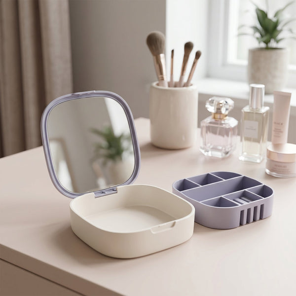 Jewelry box with compartments and mirror in use