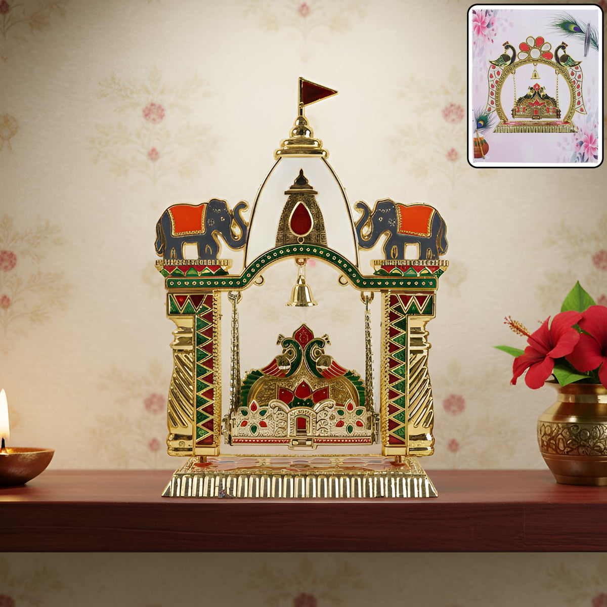 Traditional pooja jhula mandir with elephant motifs and hanging bell Main image