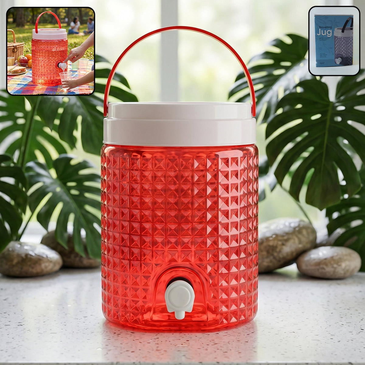 Front view of ChillPour's 4.5 litre plastic water jug with diamond cut design. Main image