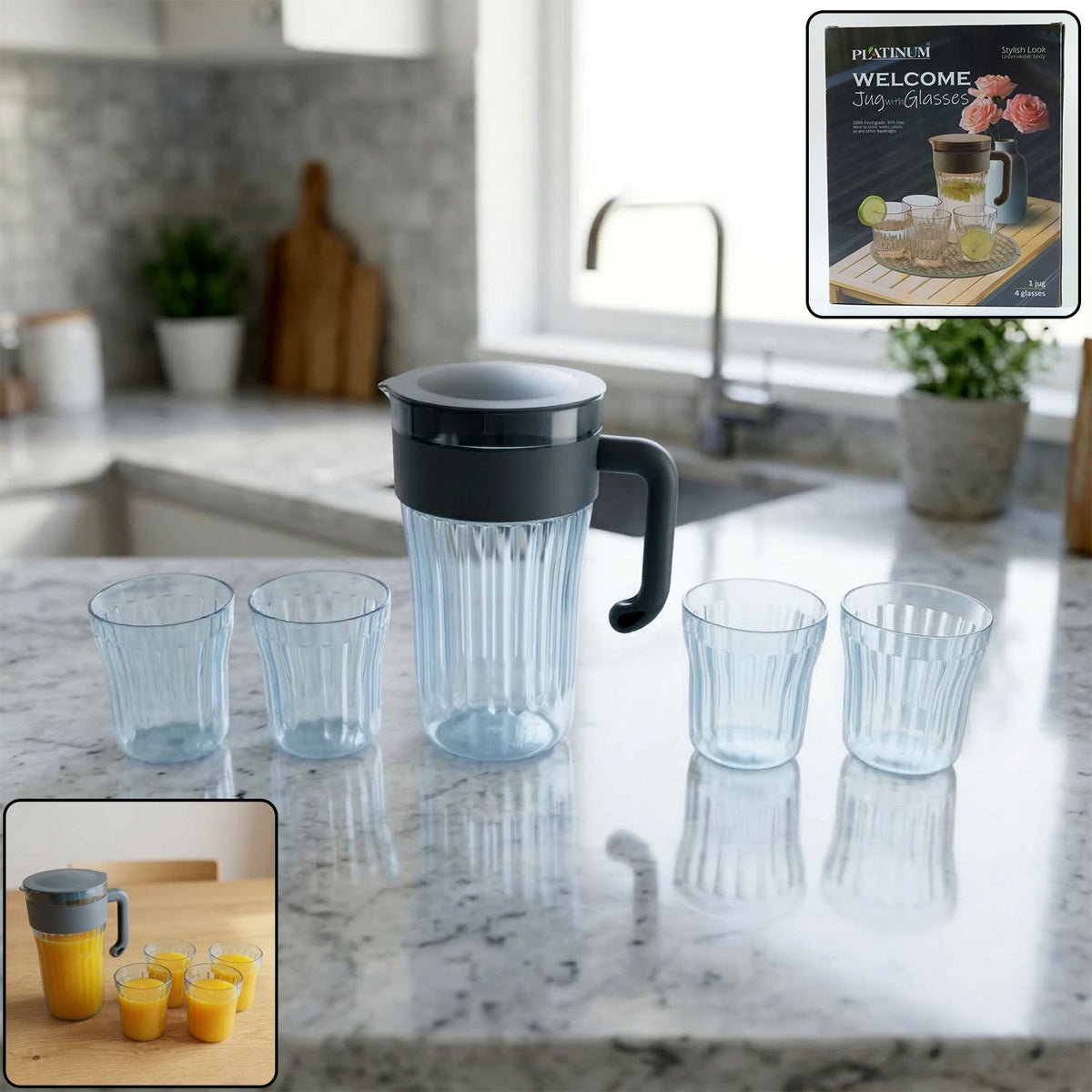 Plastic water jug with 4 glasses set for home use Main image