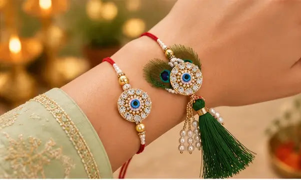 Bhaiya Bhabhi Combo Rakhi Set – Designer Brother & Bhabhi Rakhi with Beaded Detailing