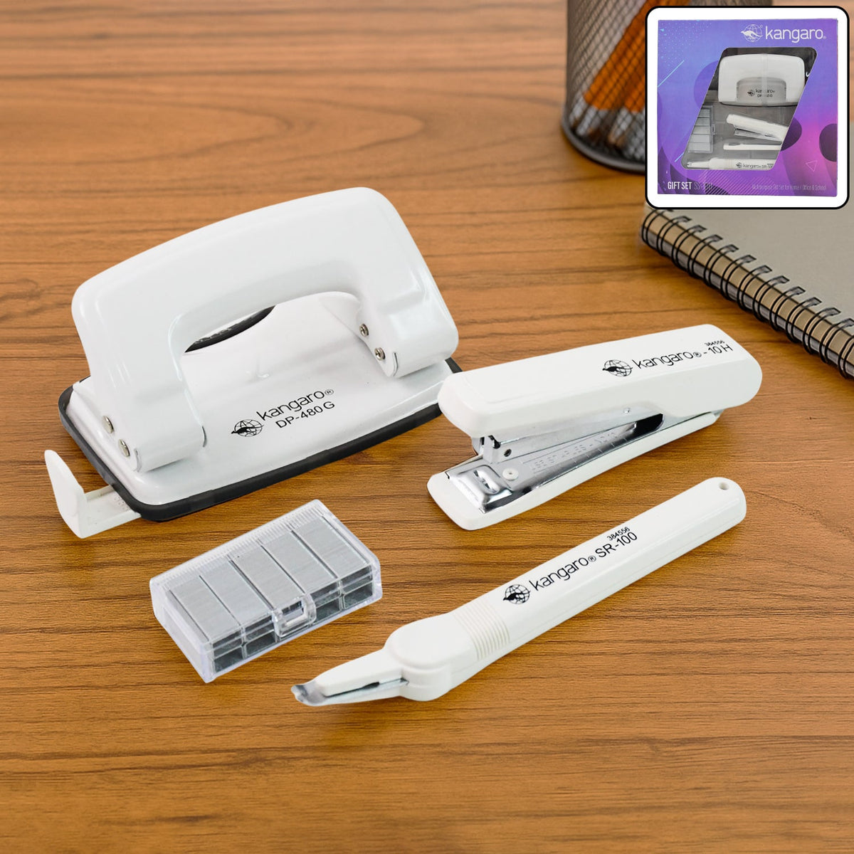 Kangaro office stationery set featuring stapler, staple remover, staples, and hole punch Main image
