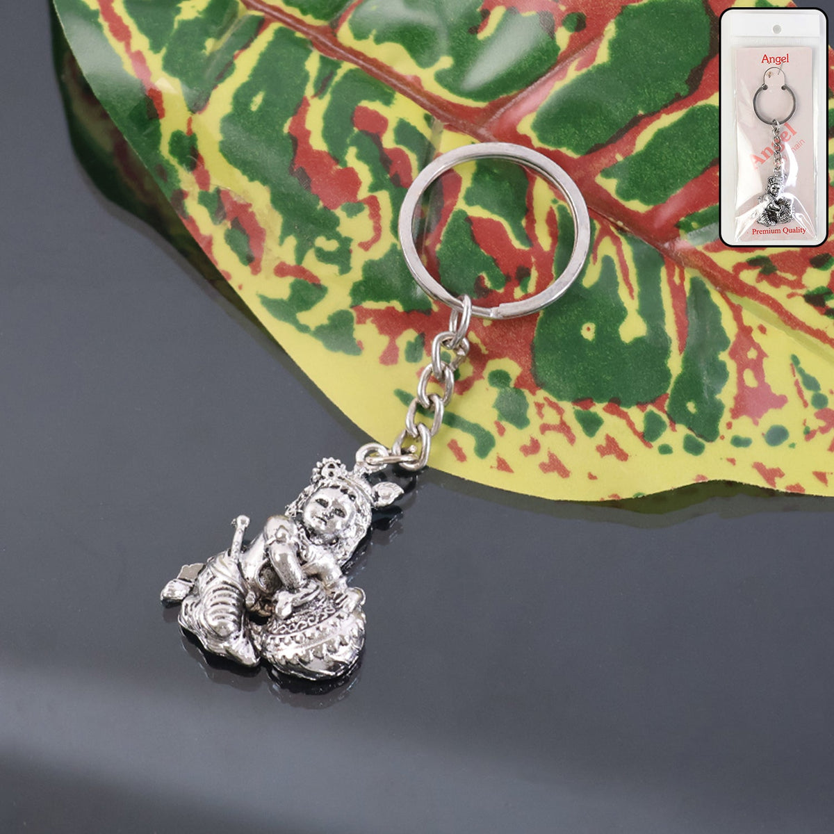 Silver Bal Krishna Makhan Chor metal keychain showcasing Baby Krishna iconography Main image