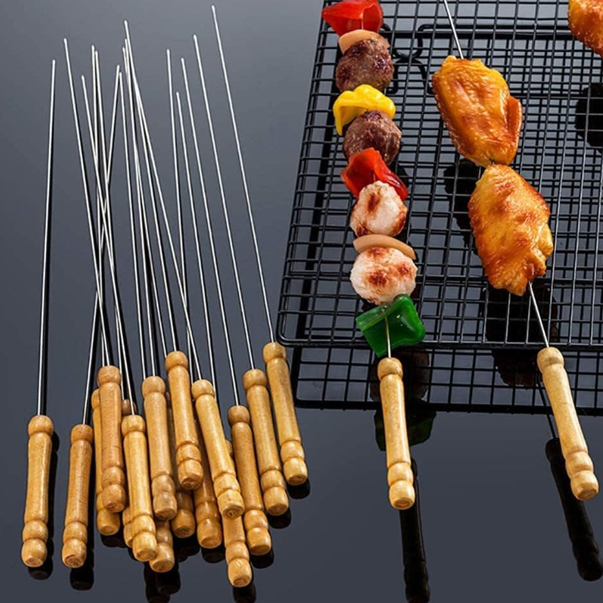 Pack of 12 stainless steel barbecue skewers with ergonomic wooden handles. Main image