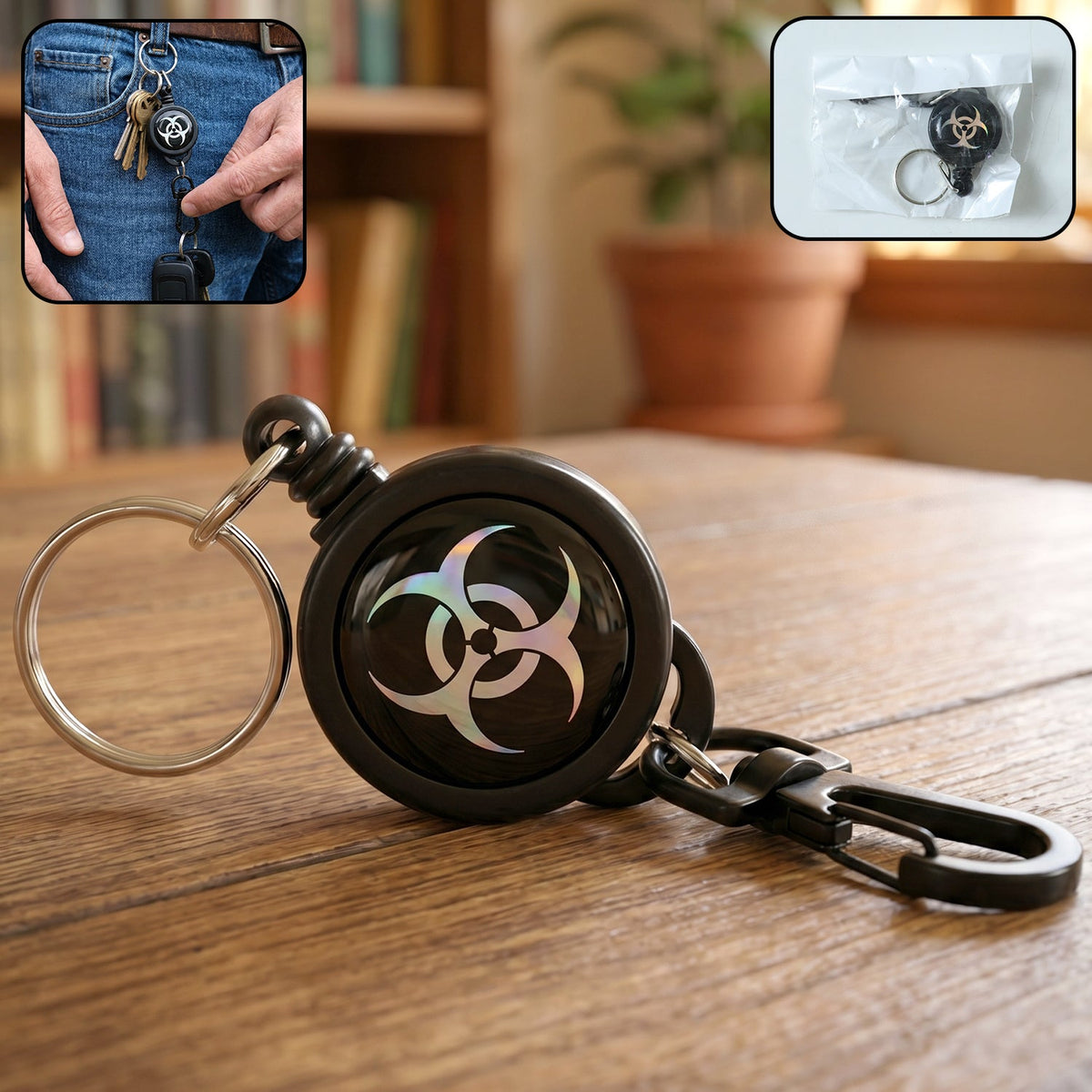 Retractable keychain with durable clip attached to belt loop. Main image