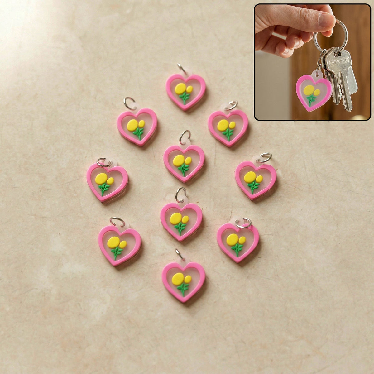 Heart and floral design bag charm set for handbags and keys Main image