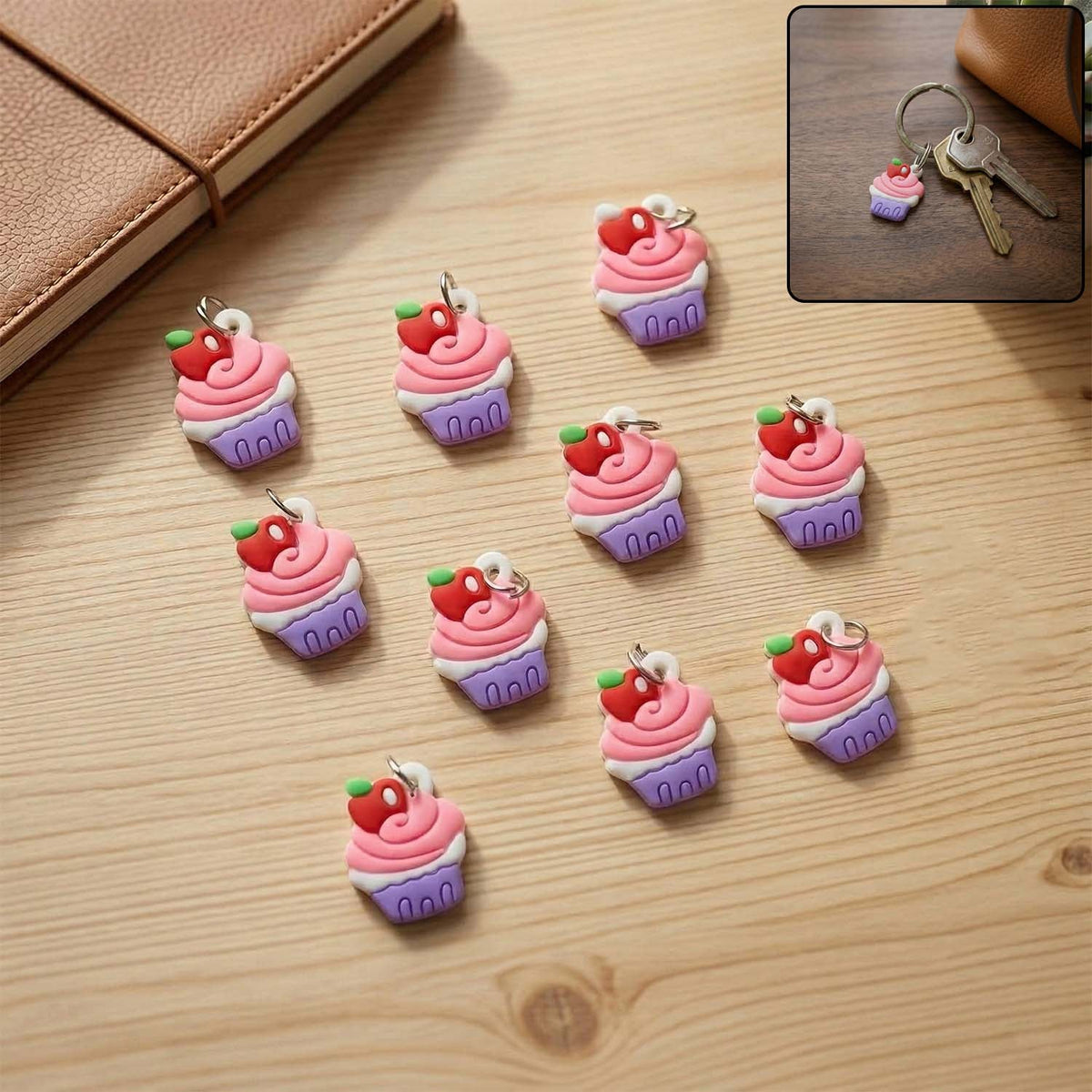 Colorful cupcake rubber key ring set for bags and keys Main image