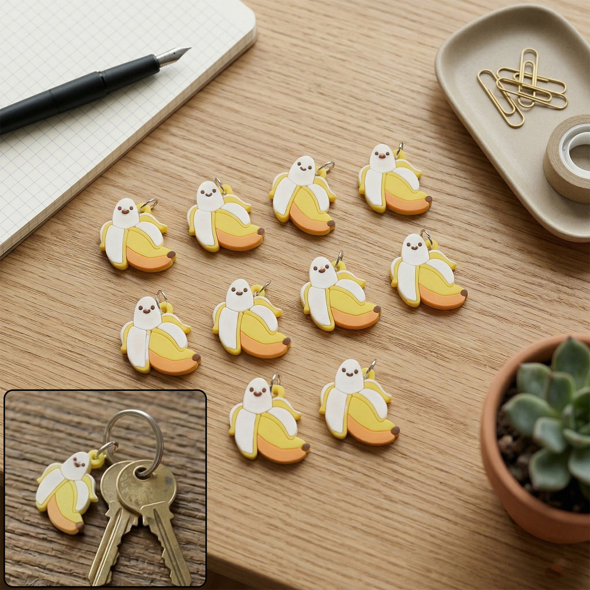 Playful cartoon banana keychain set for bags and keys Main image