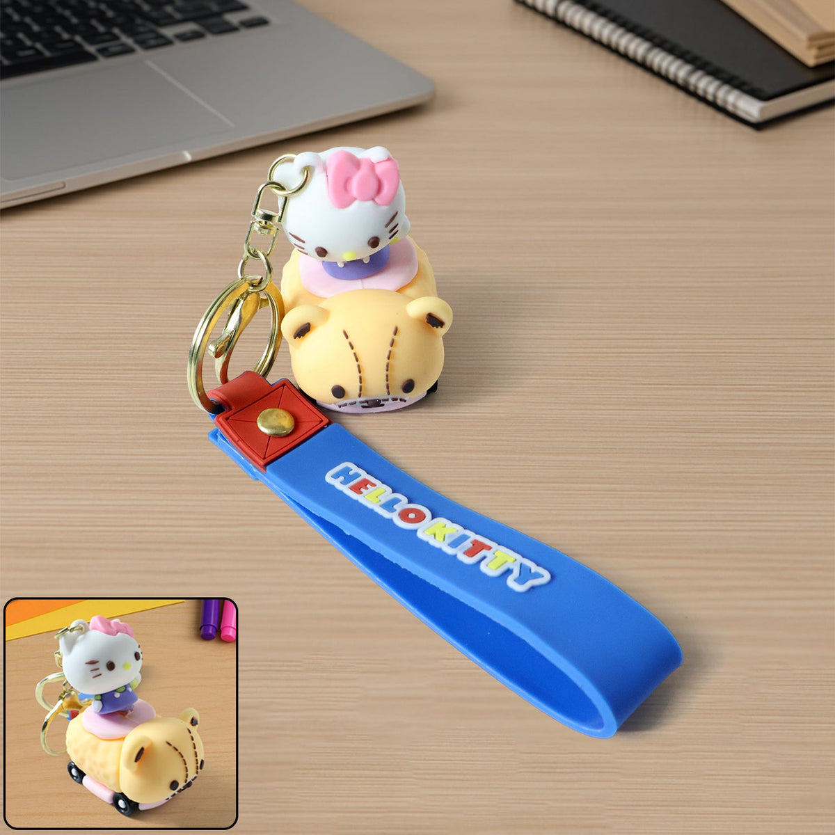 Cartoon cat silicone keychain with wrist strap and metal ring Main image