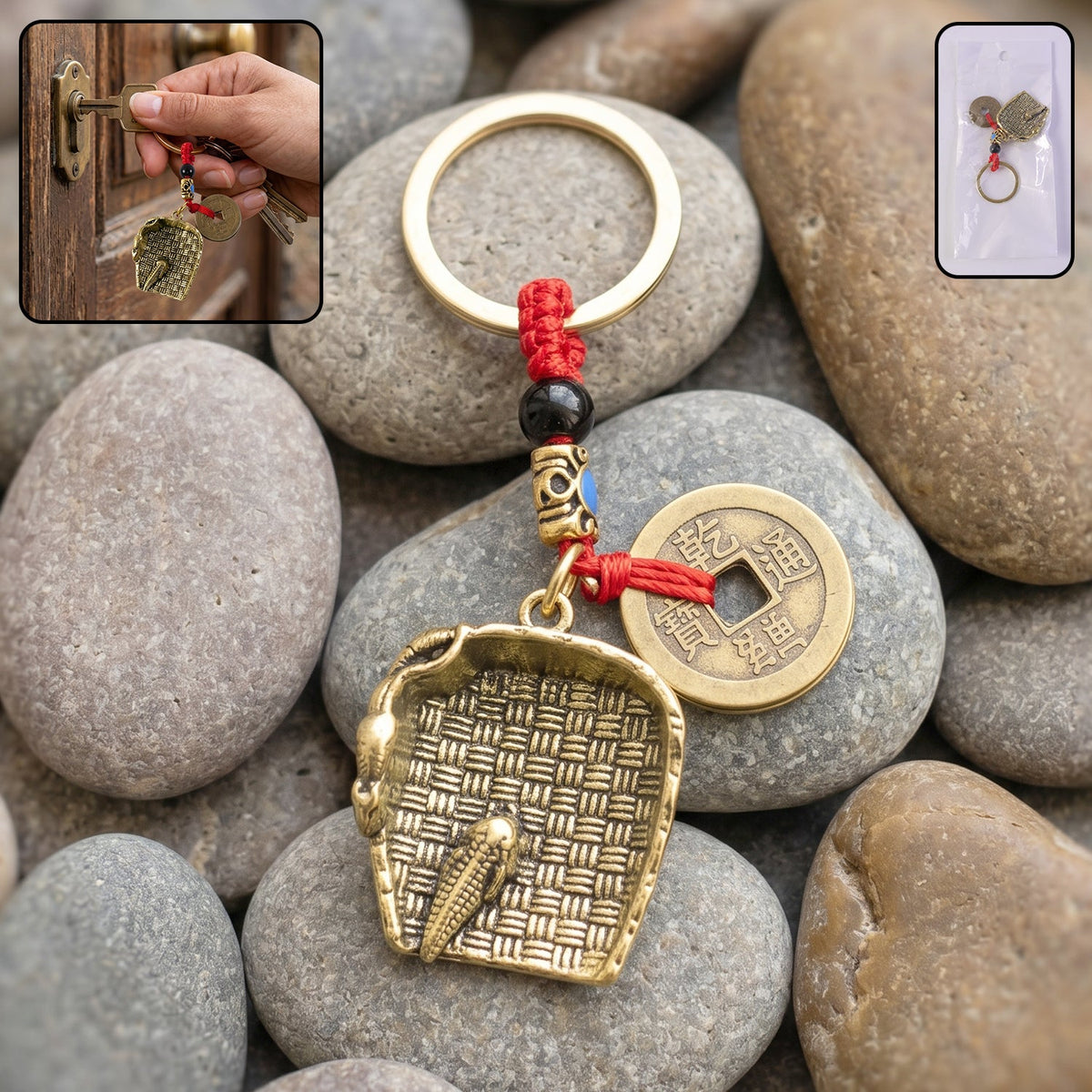 Copper plated dustpan pendant keychain with traditional lucky coin Main image
