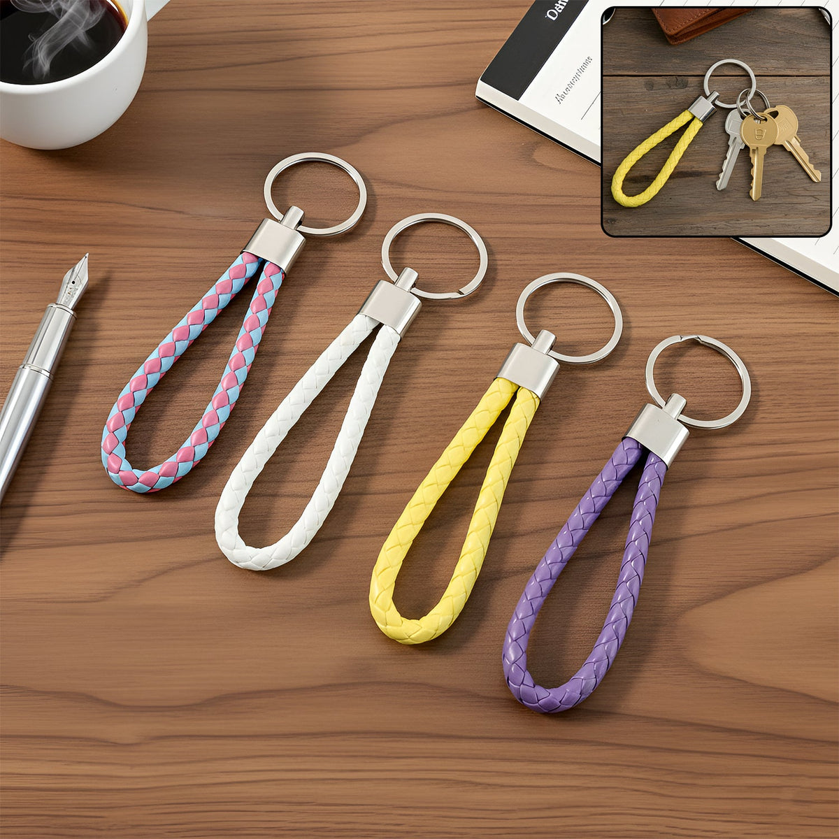 Braided loop keychain set with strong metal rings for organising keys Main image
