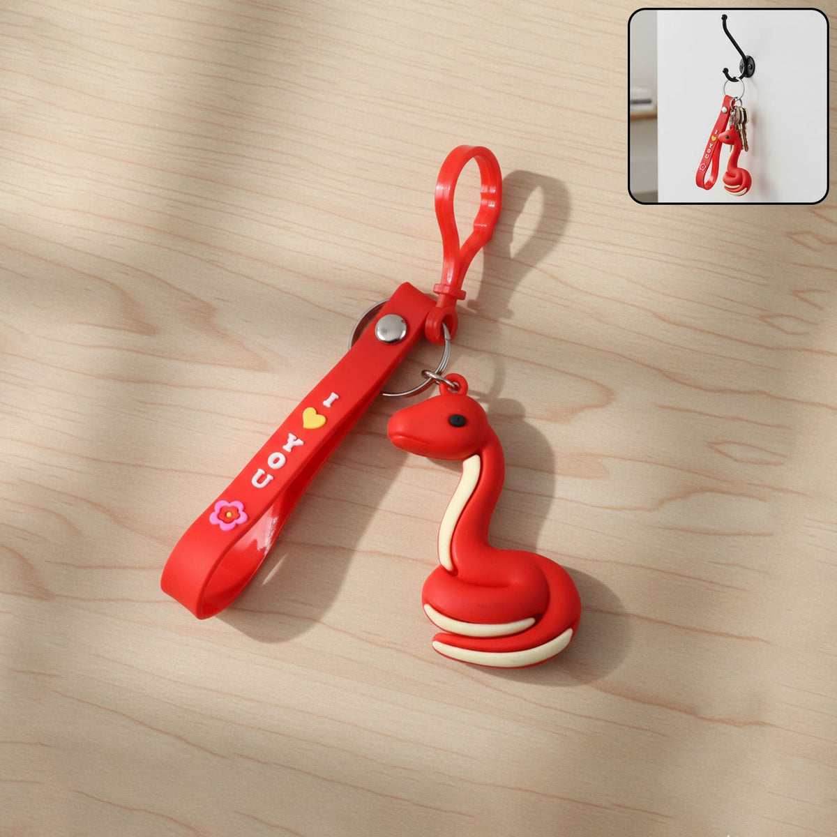 Cute cartoon snake keychain with vibrant 'I Love You' strap and clip hook Main image