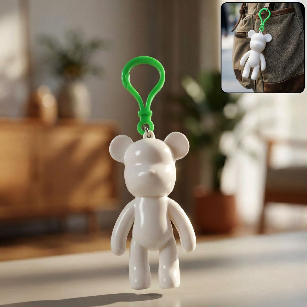 Bear shape decorative keychain with hook clip attached to keys Main image