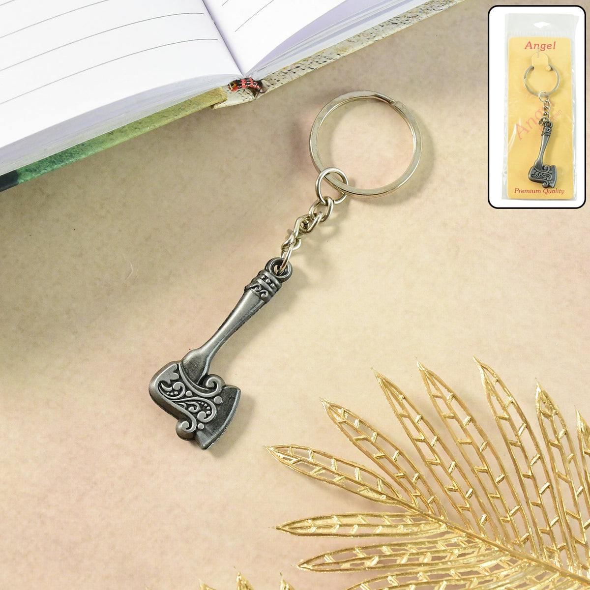 Axe Shape Metal Keychain with vintage finish showing detailed craftsmanship Main image