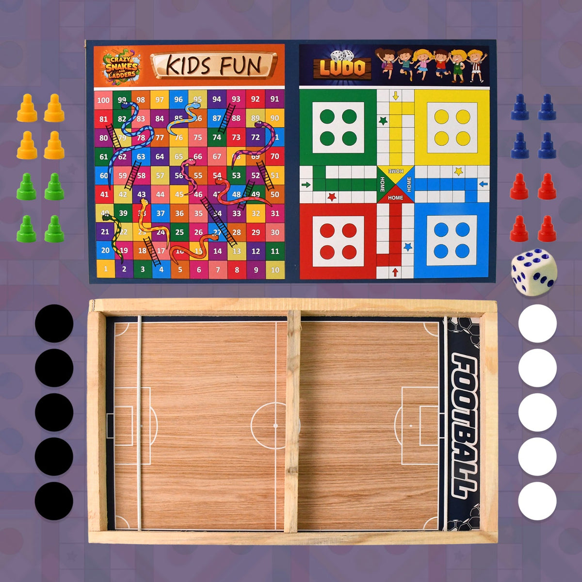 3-in-1 wooden board game set featuring Ludo, Snakes & Ladders on a durable wooden board Main image