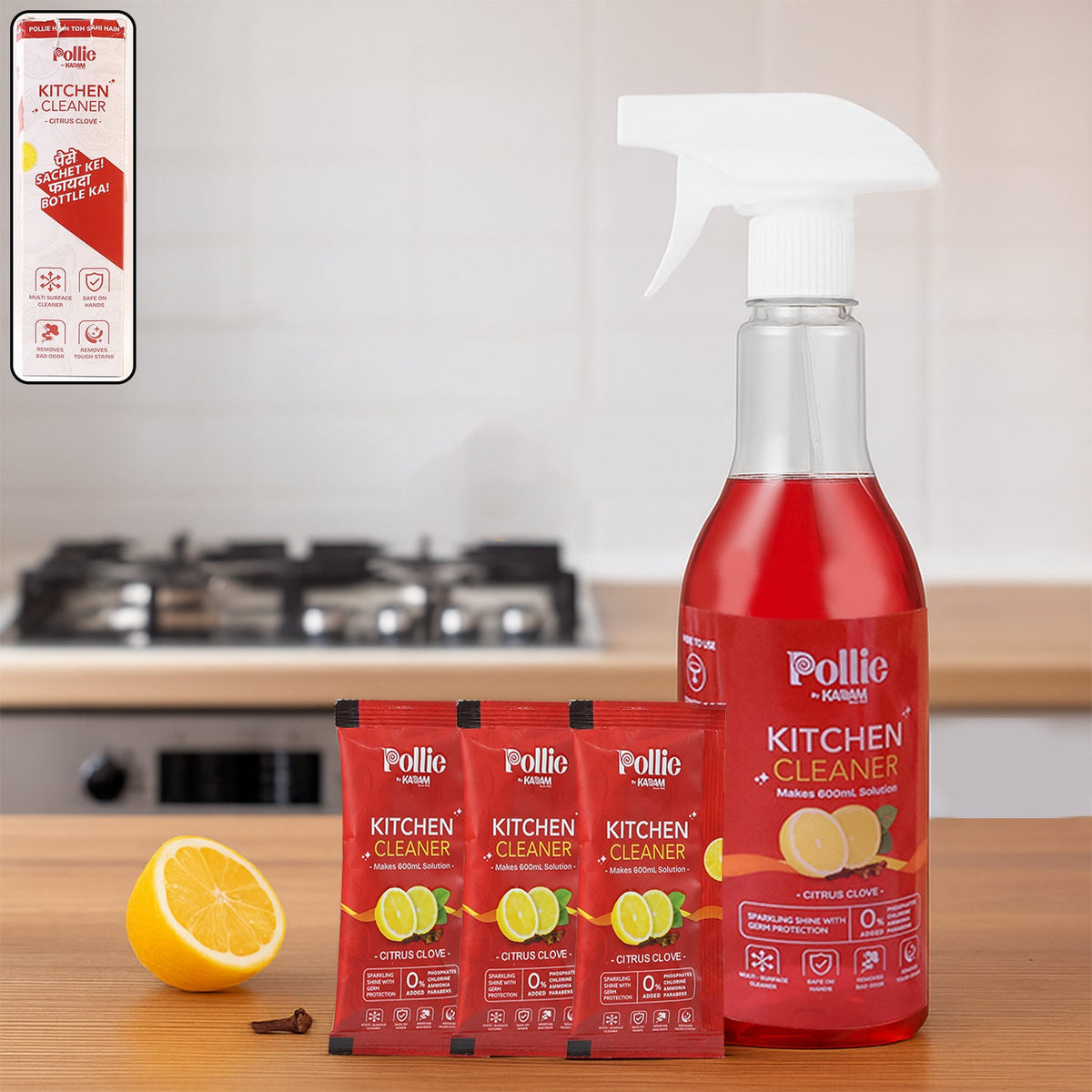 Concentrated kitchen surface cleaner refill kit with spray bottle and sachets Main image