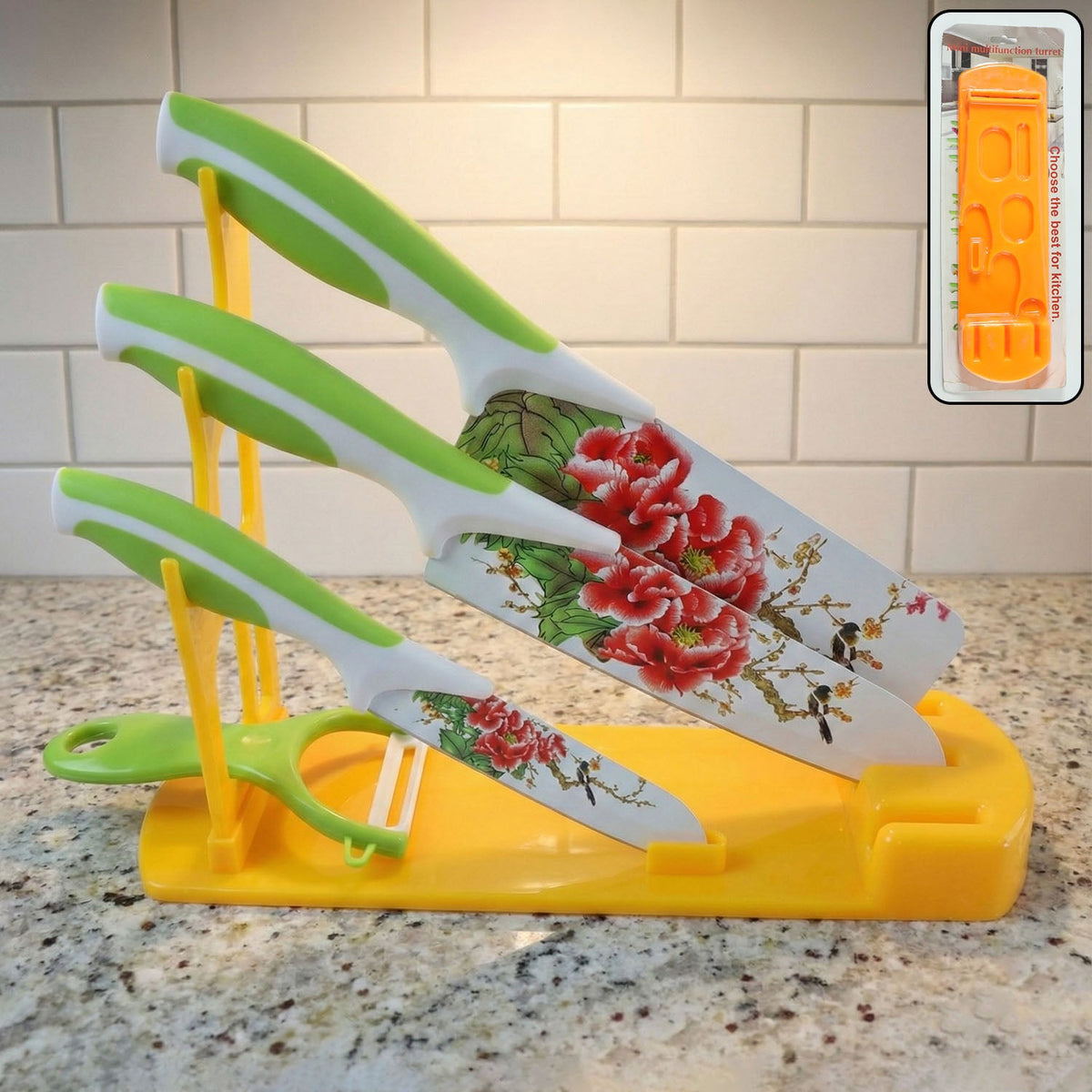 White plastic kitchen knife stand on a countertop, showcasing its bright, smooth finish. Main image