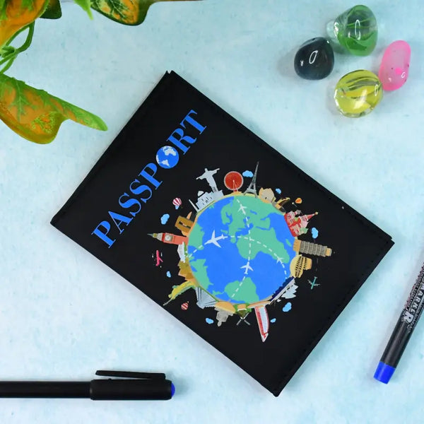 Stylish Printed Passport Holder Cover – Travel Document Organizer with World Map & Landmark Design
