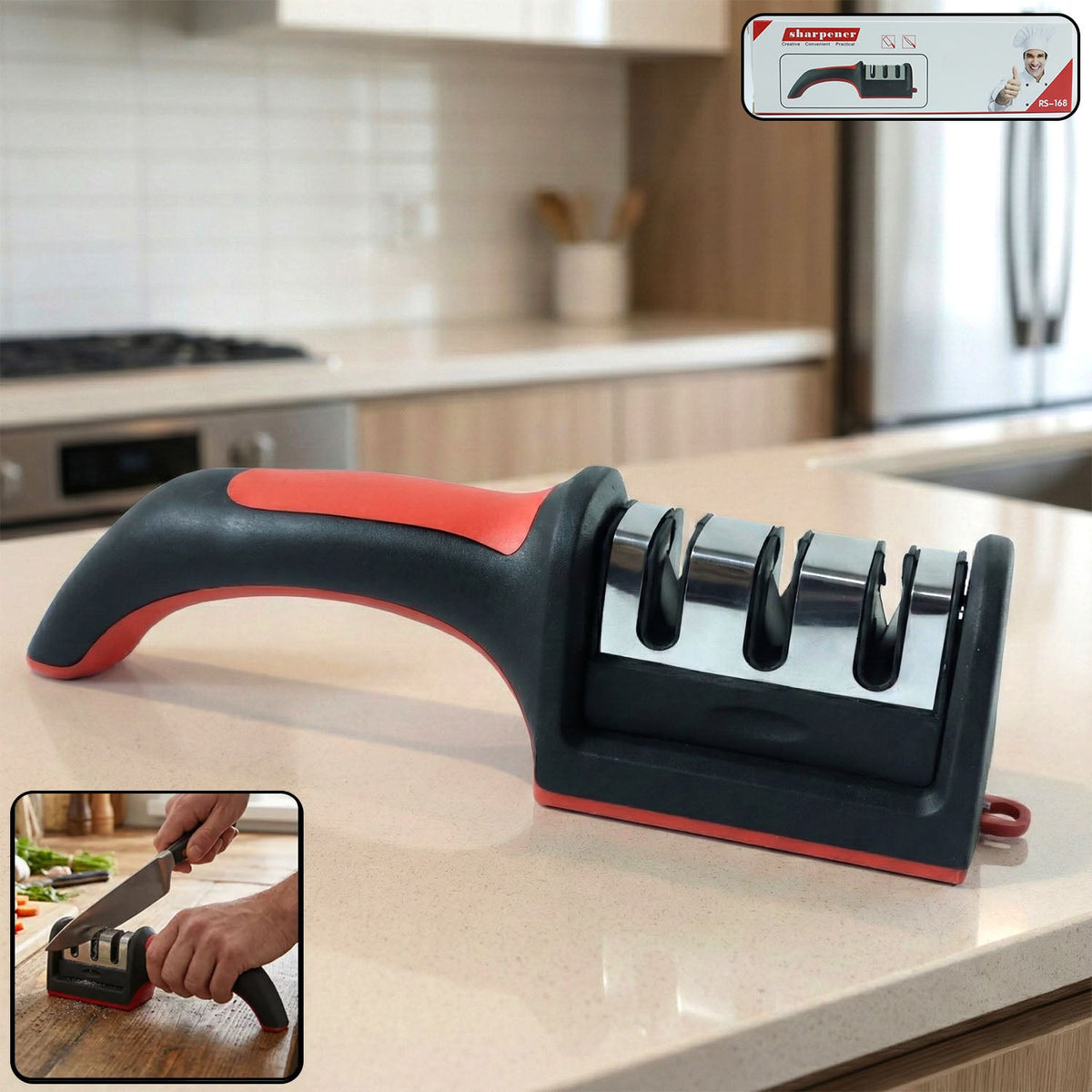 Red and black 3-stage manual knife sharpener for home kitchen use. Main image