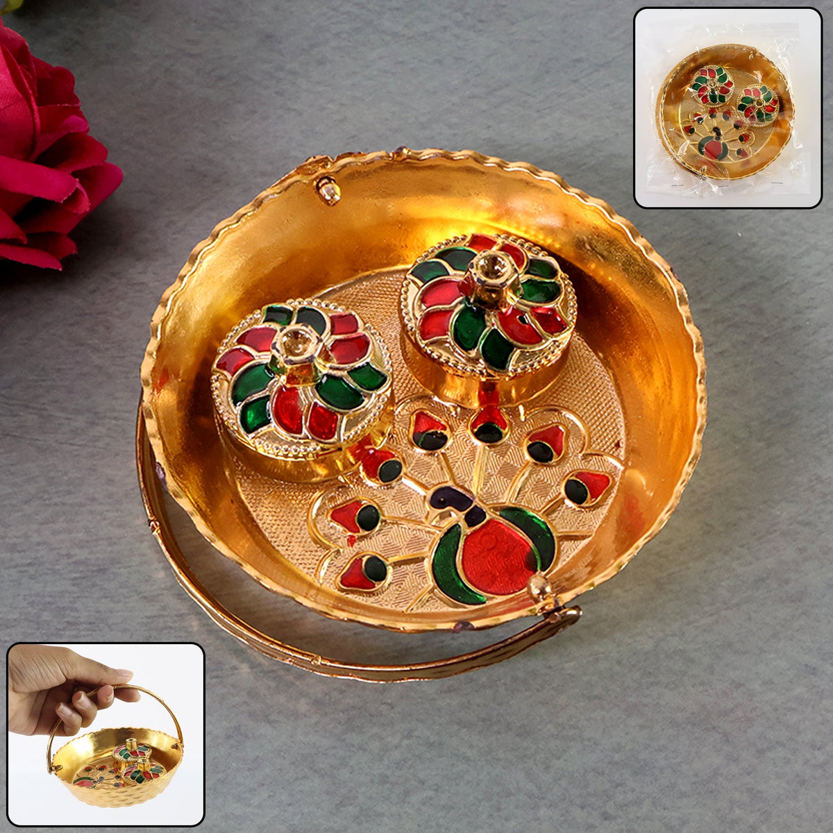 Elegant Peacock Meenakari Pooja Tray with two lidded kumkum bowls. Main image
