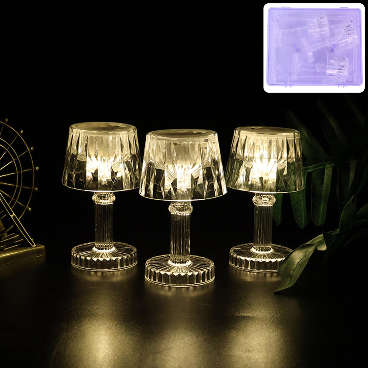 Set of 3 LED mini table lamps with crystal-effect lampshades providing warm ambient light Main image
