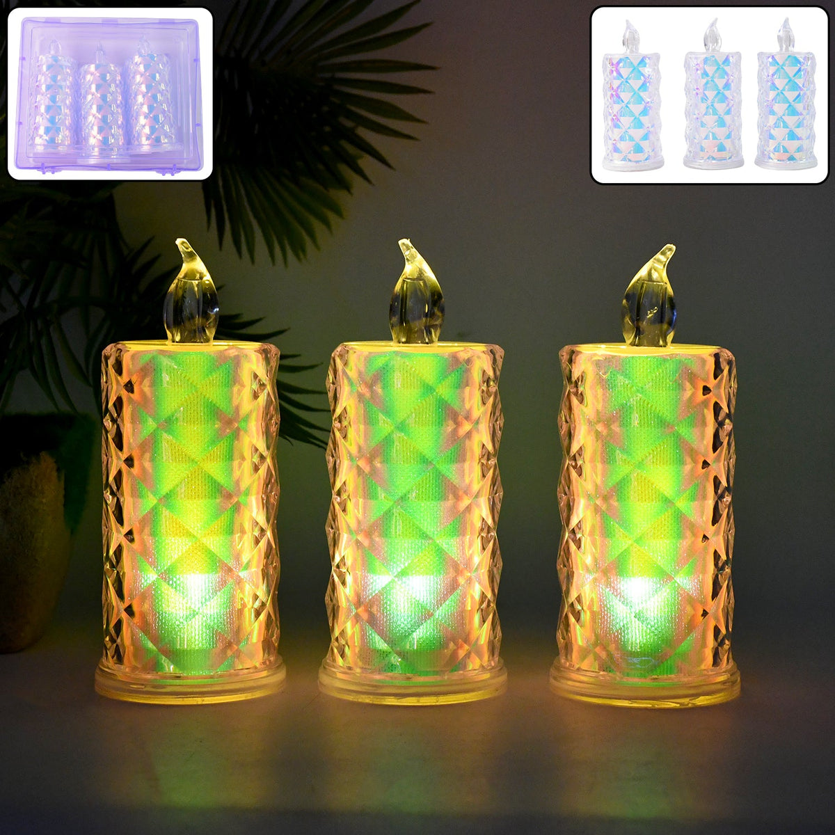 Set of 3 LED flameless decorative candle lights with crystal pattern Main image