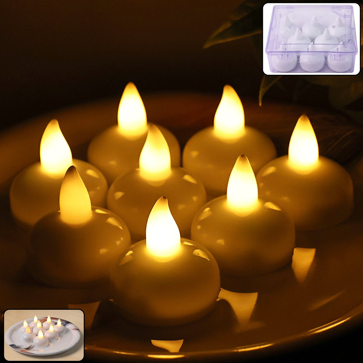 Set of round LED flameless tealight candles glowing with warm flickering light Main image