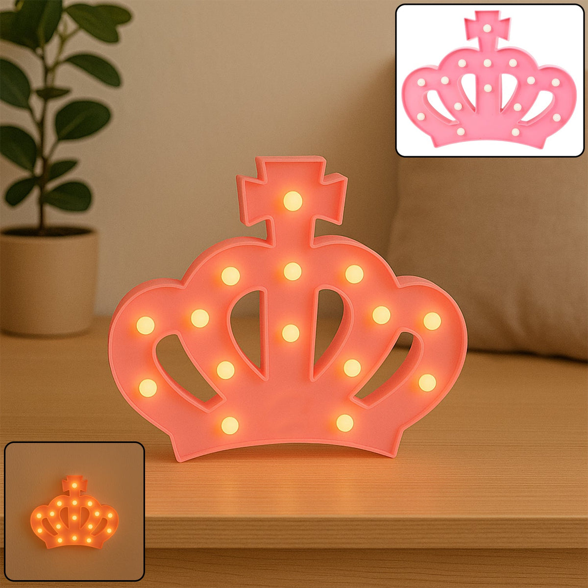 Pink crown LED night light glowing softly, front view Main image