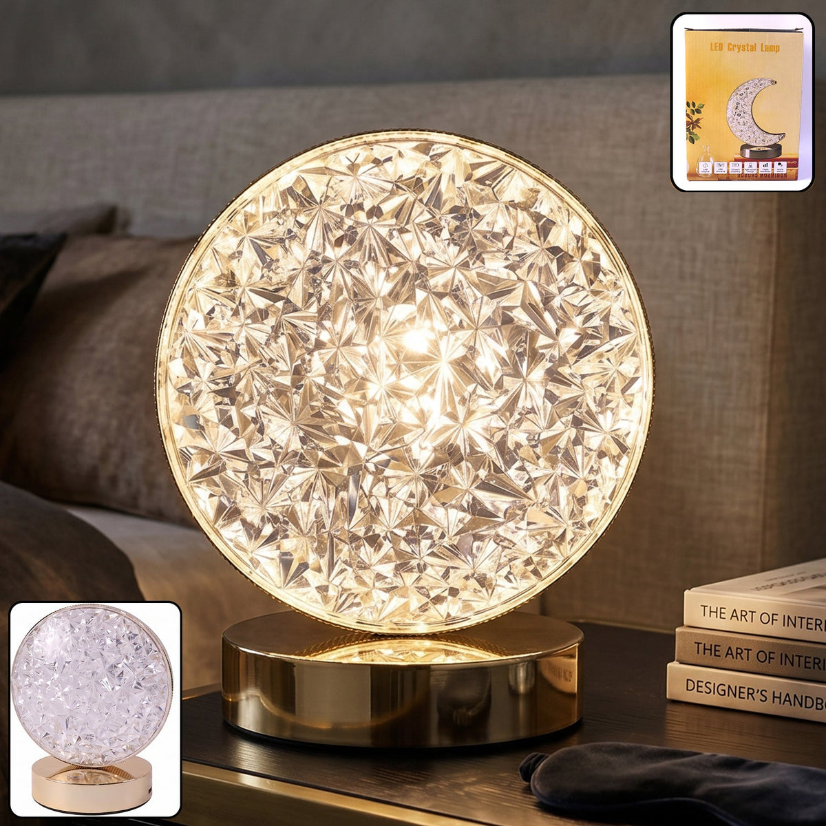 Round crystal LED table lamp with sparkling diamond-style shade Main image
