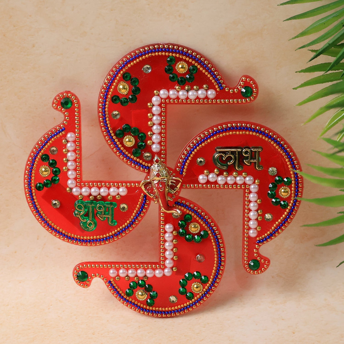 Vibrant Acrylic Swastik Shubh Labh Wall Hanging with pearl and stone decorations Main image
