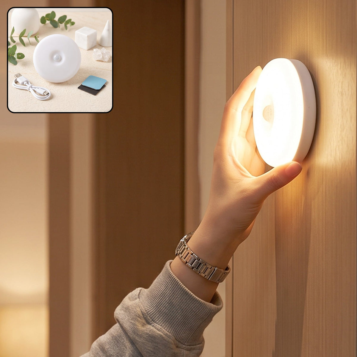 Motion sensor LED light, rechargeable wireless night light with PIR sensor (1 set) Main image