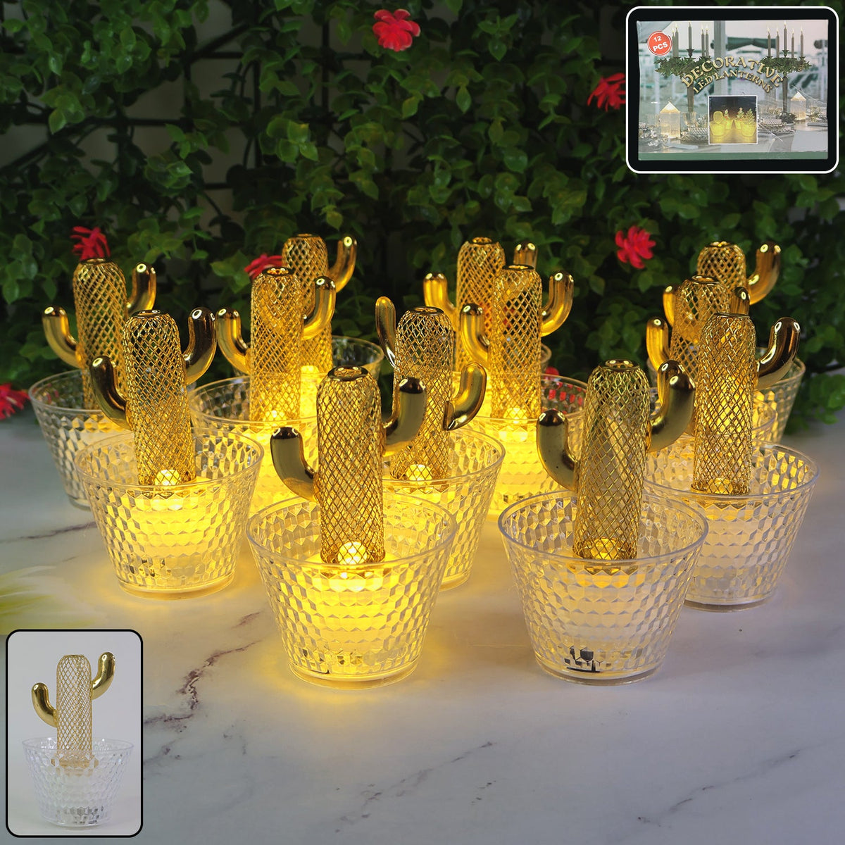 Set of 12 cactus shaped LED tealight candles with transparent holders for home décor Main image