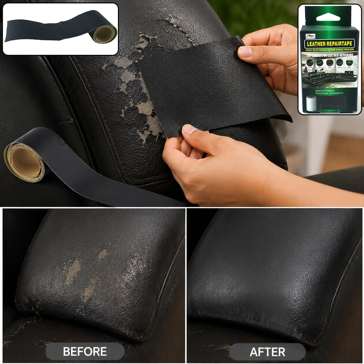 Self adhesive leather repair patch tape, 3 x 60 inch for sofa and car seat (1 pc) Main image