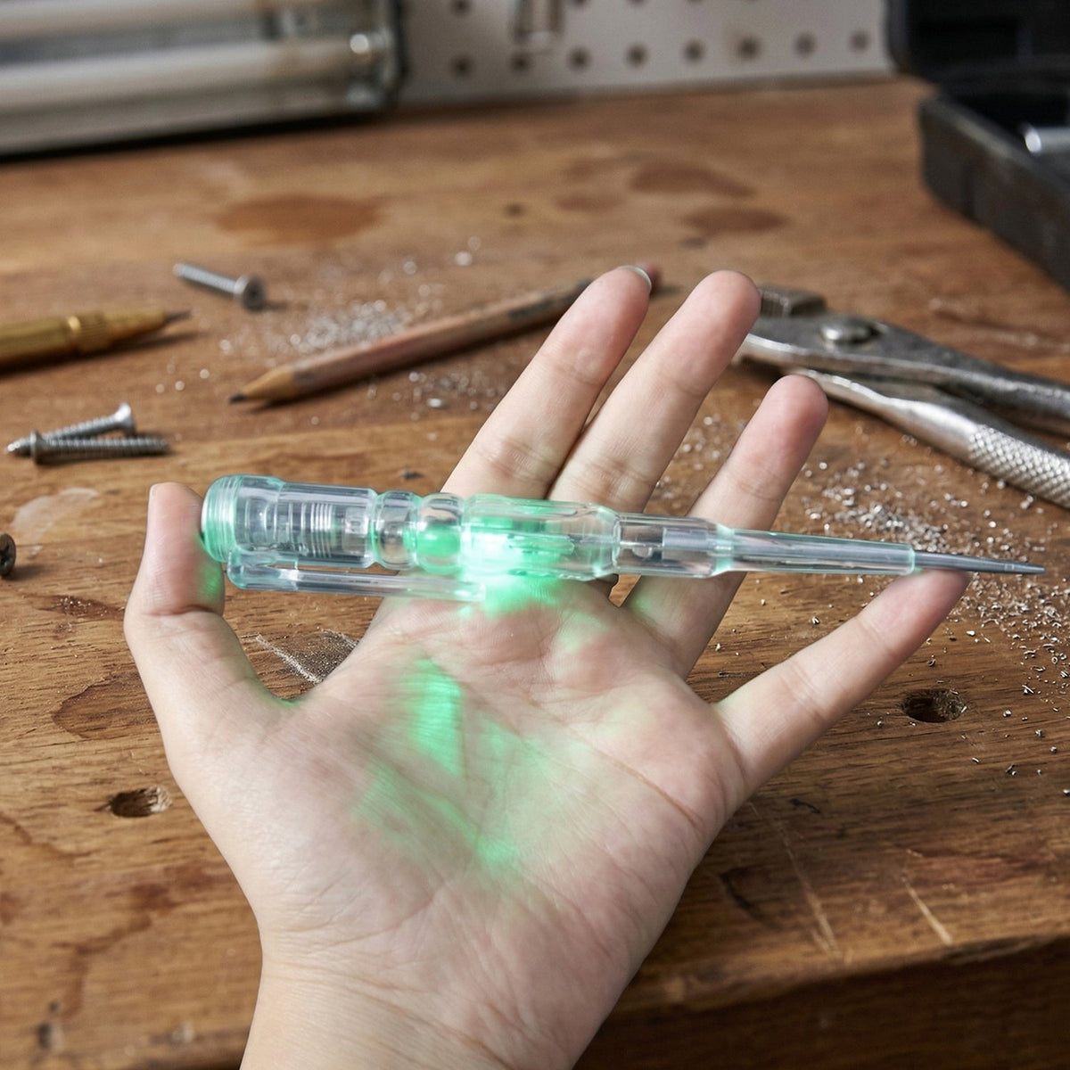 Digital voltage tester pen detecting electricity on electrical outlet with LED lights Main image