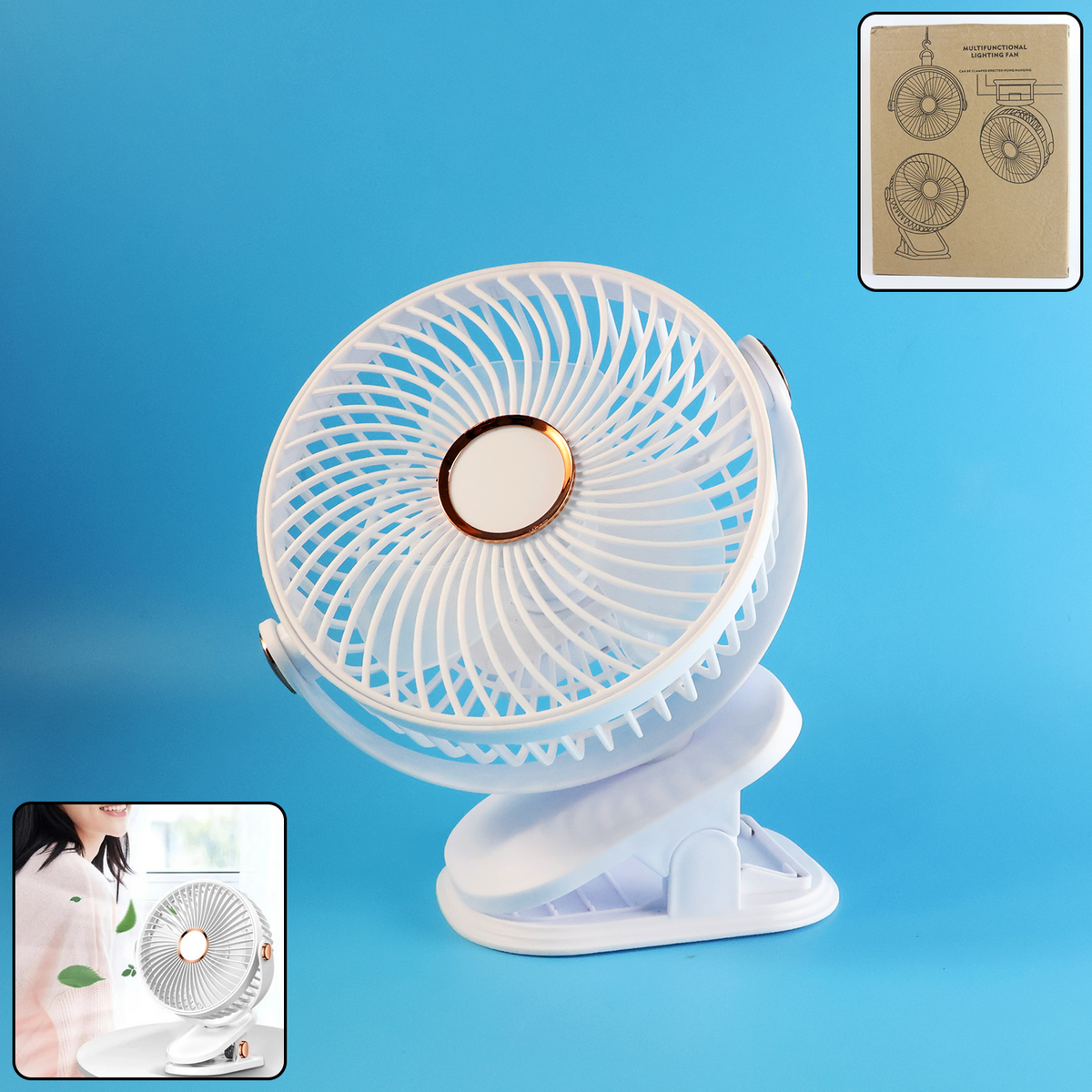 Portable mini fan with clip stand showing cooling blades Main image