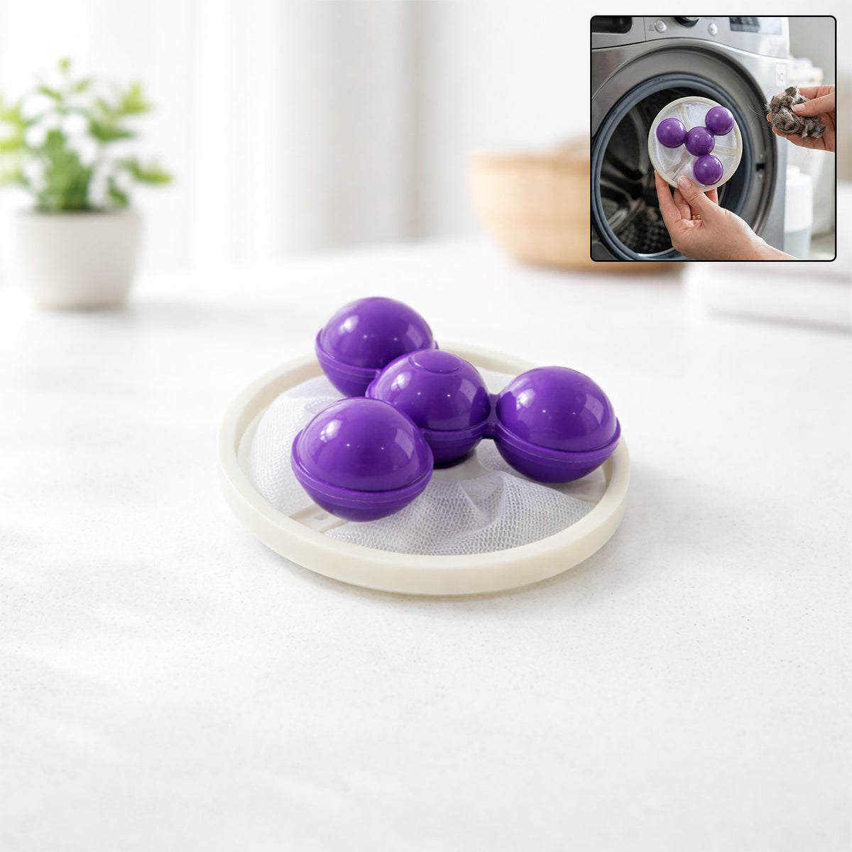 Floating laundry lint remover ball with mesh filter in use Main image