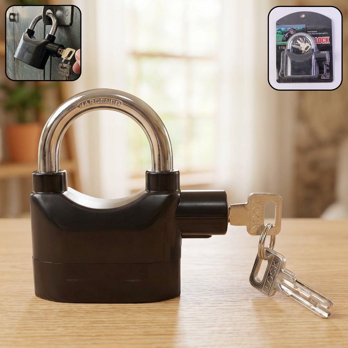 Security Alarm Padlock with its shackle open, showcasing the robust metallic body. Main image