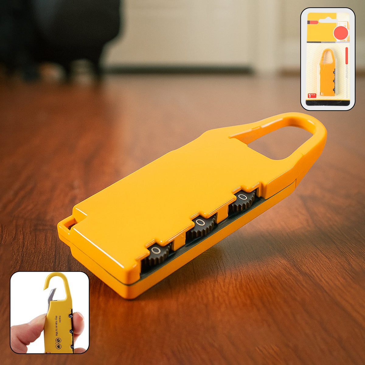 Portable 3-digit combination lock with carabiner for keyless security. Main image