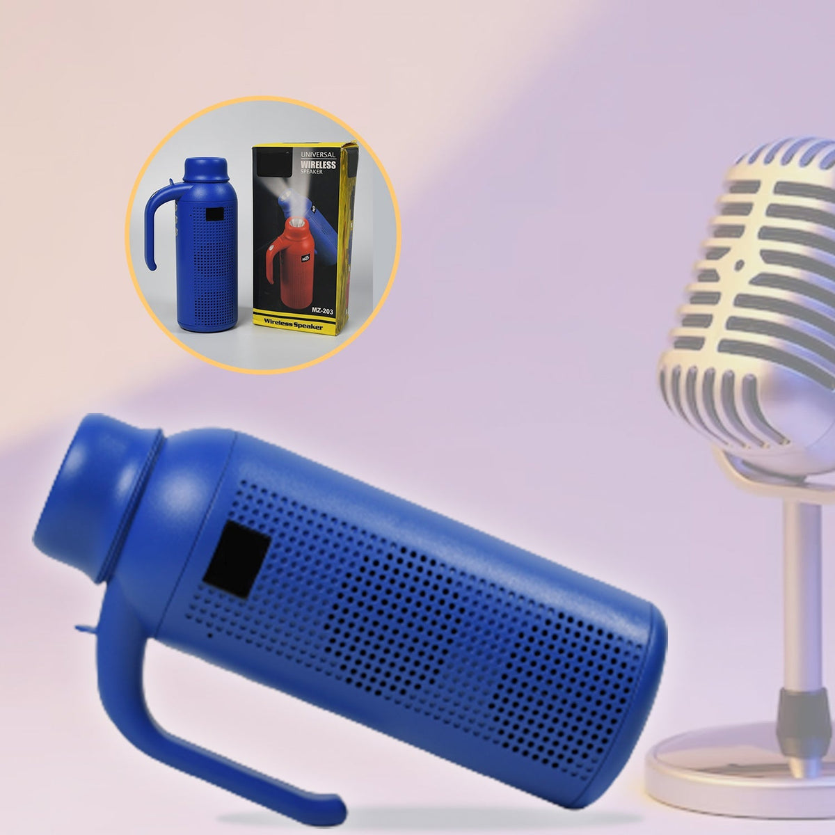 Portable Bluetooth speaker with an integrated LED torch light shown in a dark setting. Main image