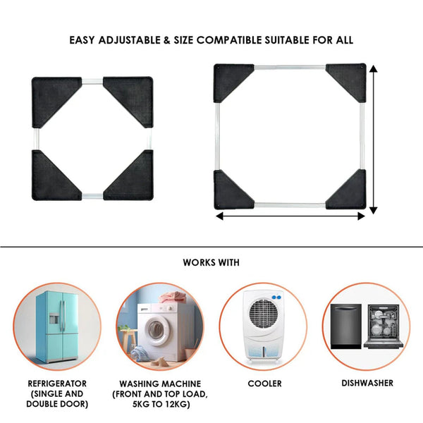 Adjustable frame appliance stand set up indoors under refrigerator base