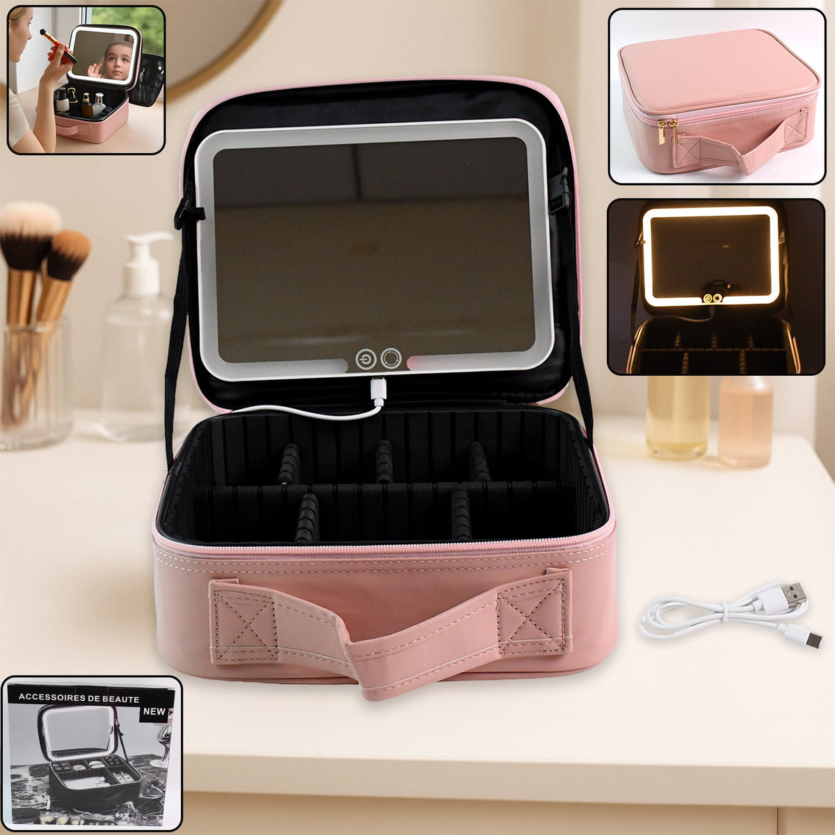 Pink LED light makeup organizer box with spacious compartments Main image