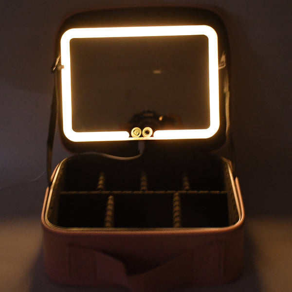 Pink LED light makeup organizer box with organized cosmetic storage