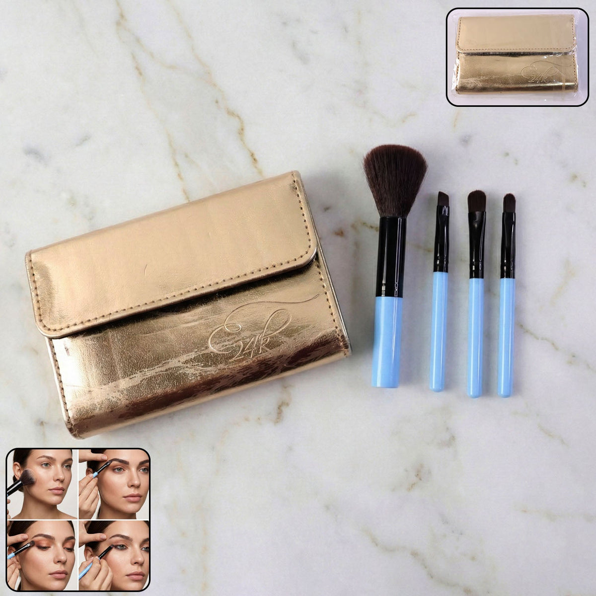 Professional makeup brush set 4-in-1 with compact travel pouch Main image