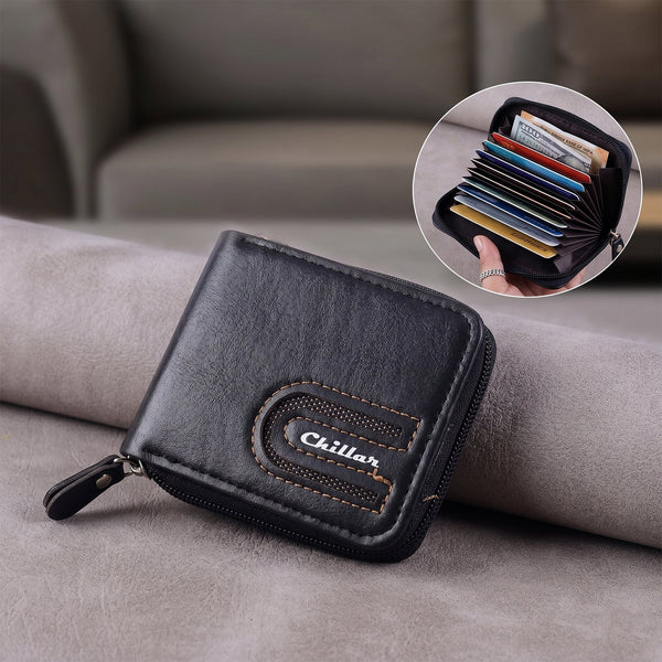 Side perspective of compact zip-around cardholder wallet
