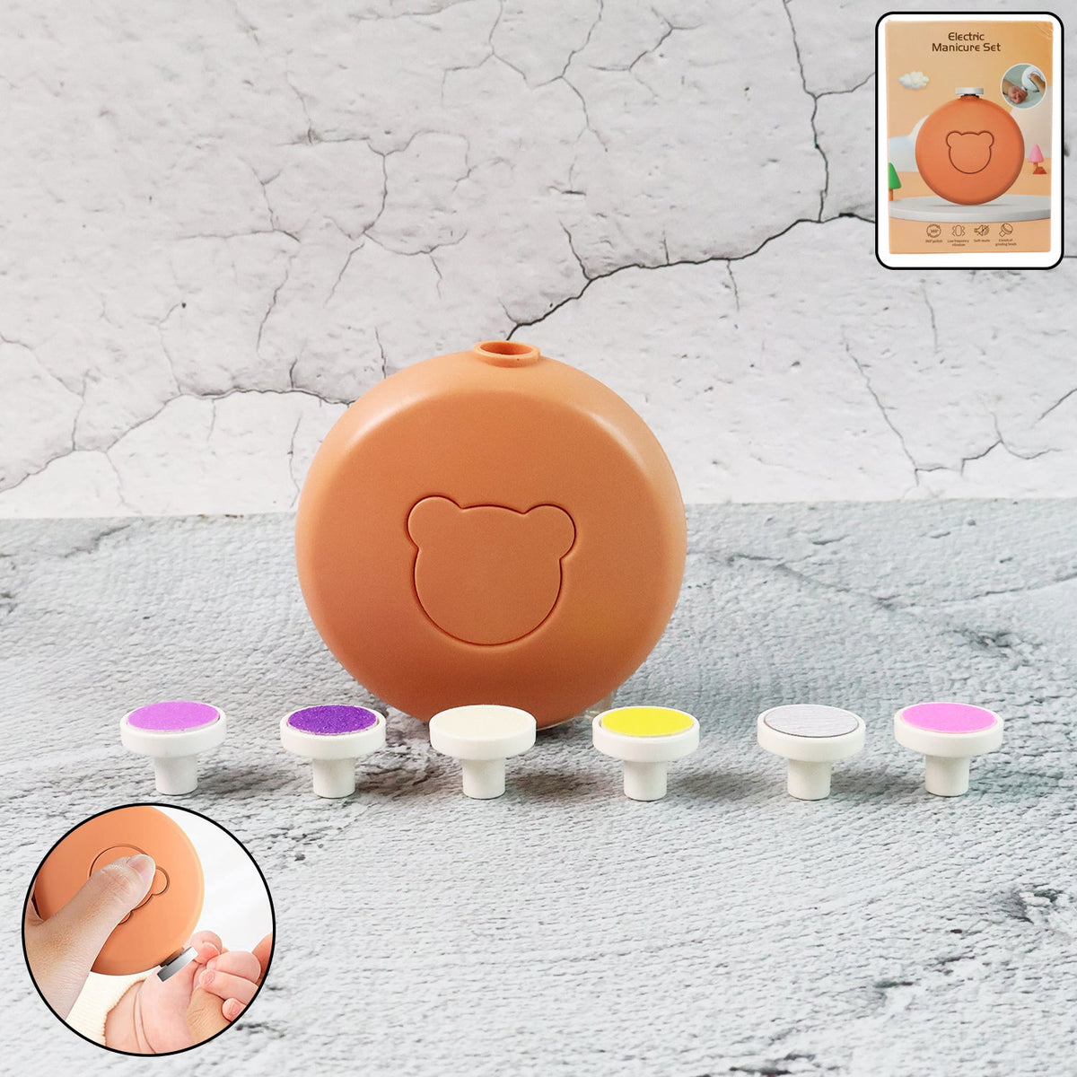 White electric baby nail trimmer set with multiple grinding heads for gentle care. Main image