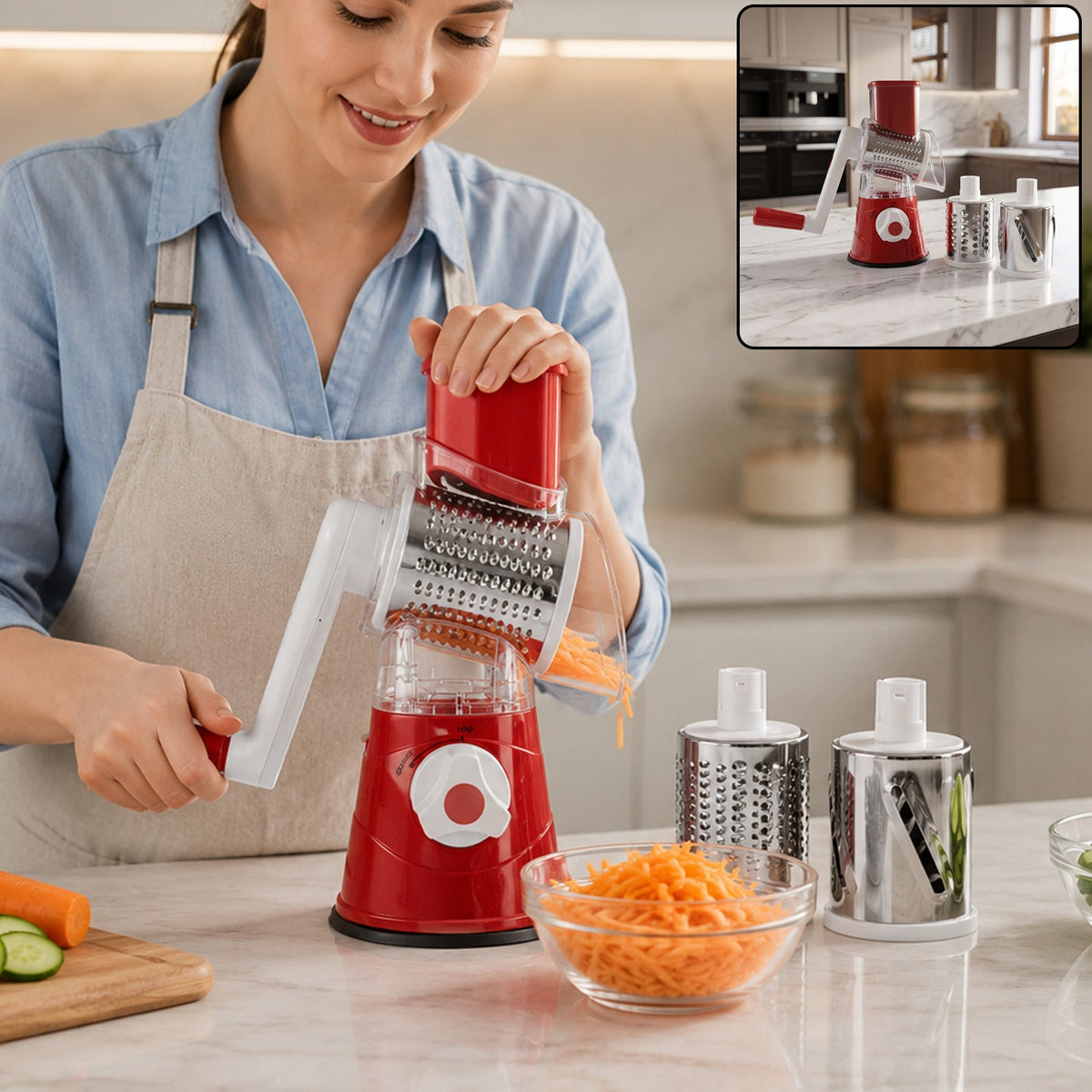 Manual rotary drum grater and slicer with stainless steel 3 drum vegetable cutter (1 set) Main image