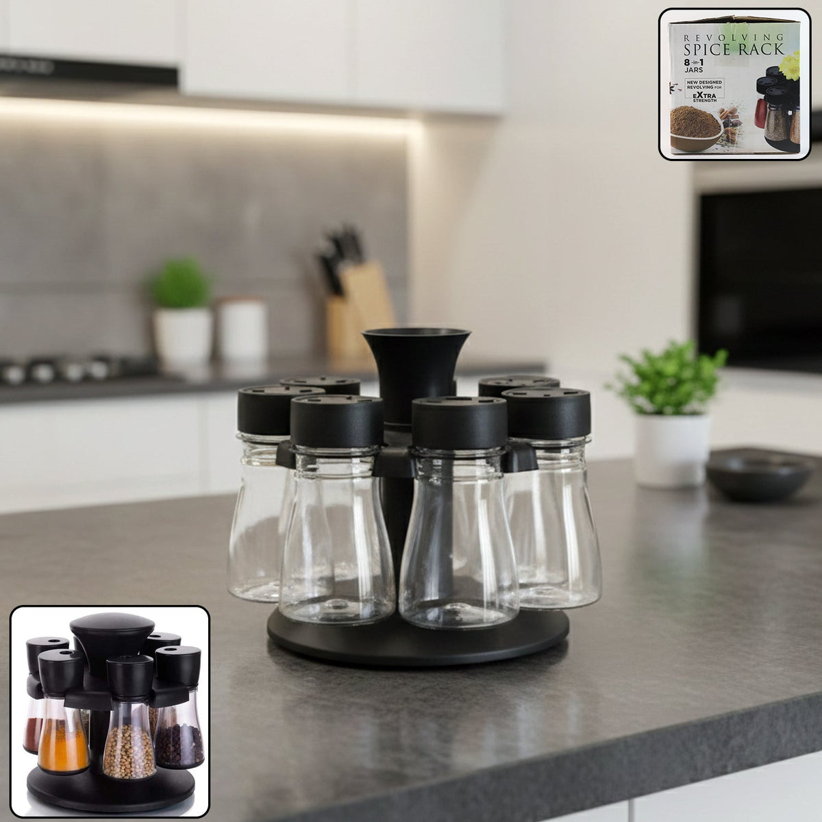 Revolving plastic spice rack with 8 transparent jars for organized kitchen storage Main image