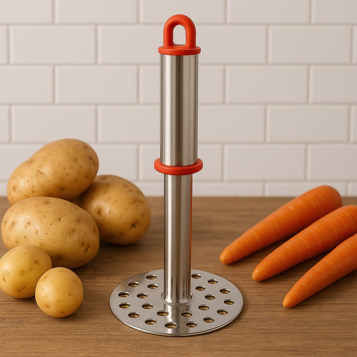 Stainless steel potato masher with ergonomic handle on white background Main image