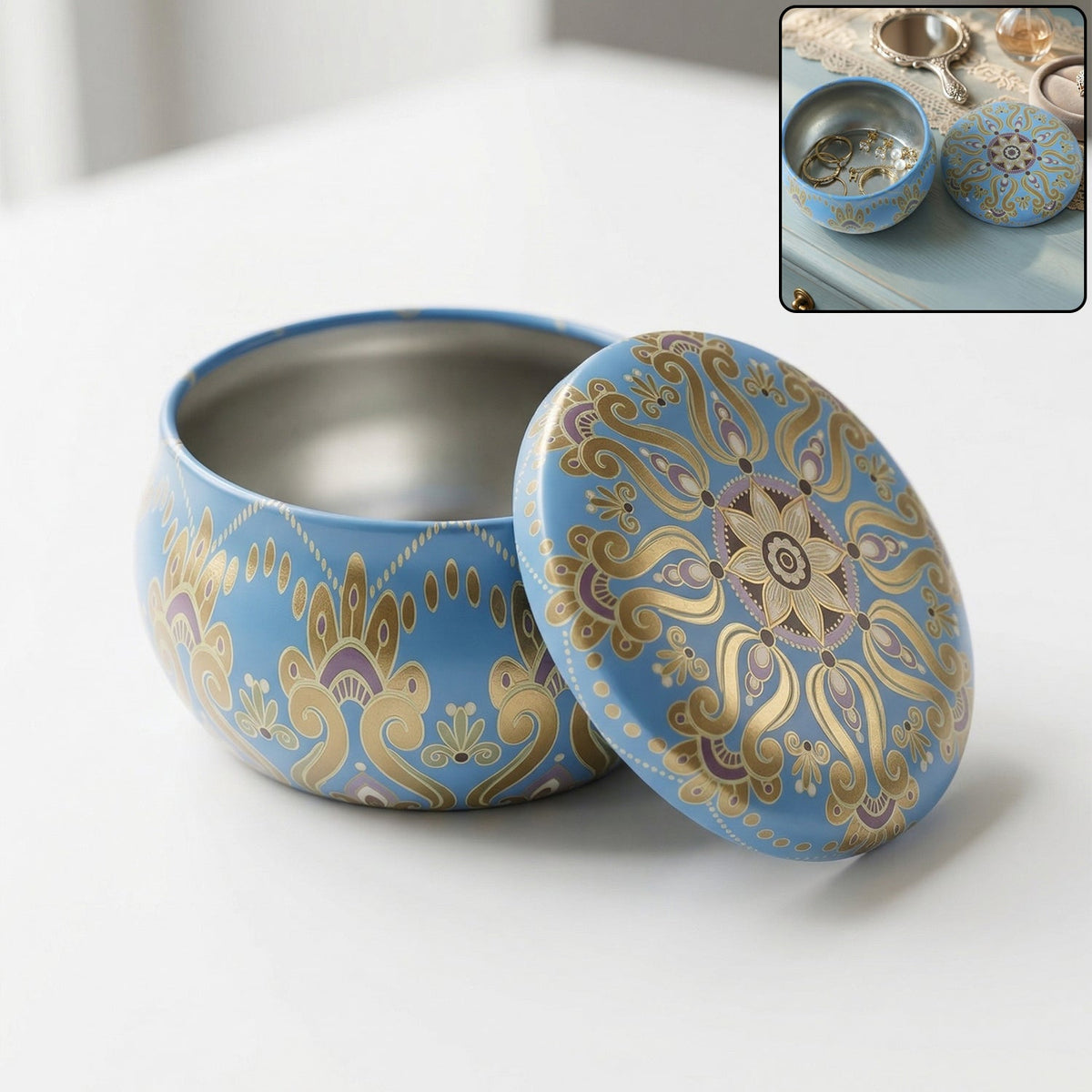 Mandala printed metal candle container with lid and vibrant artwork Main image